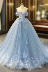 A-Line Off-The-Shoulder Sweetheart Sweep Train Tulle Prom Dresses, Sky Blue Applique Wedding Dresses